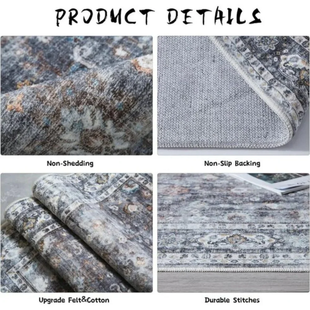 New 4ft Washable Grey Circular Rug, Non-Slip Low Pile Carpet for Bedroom & Dorm